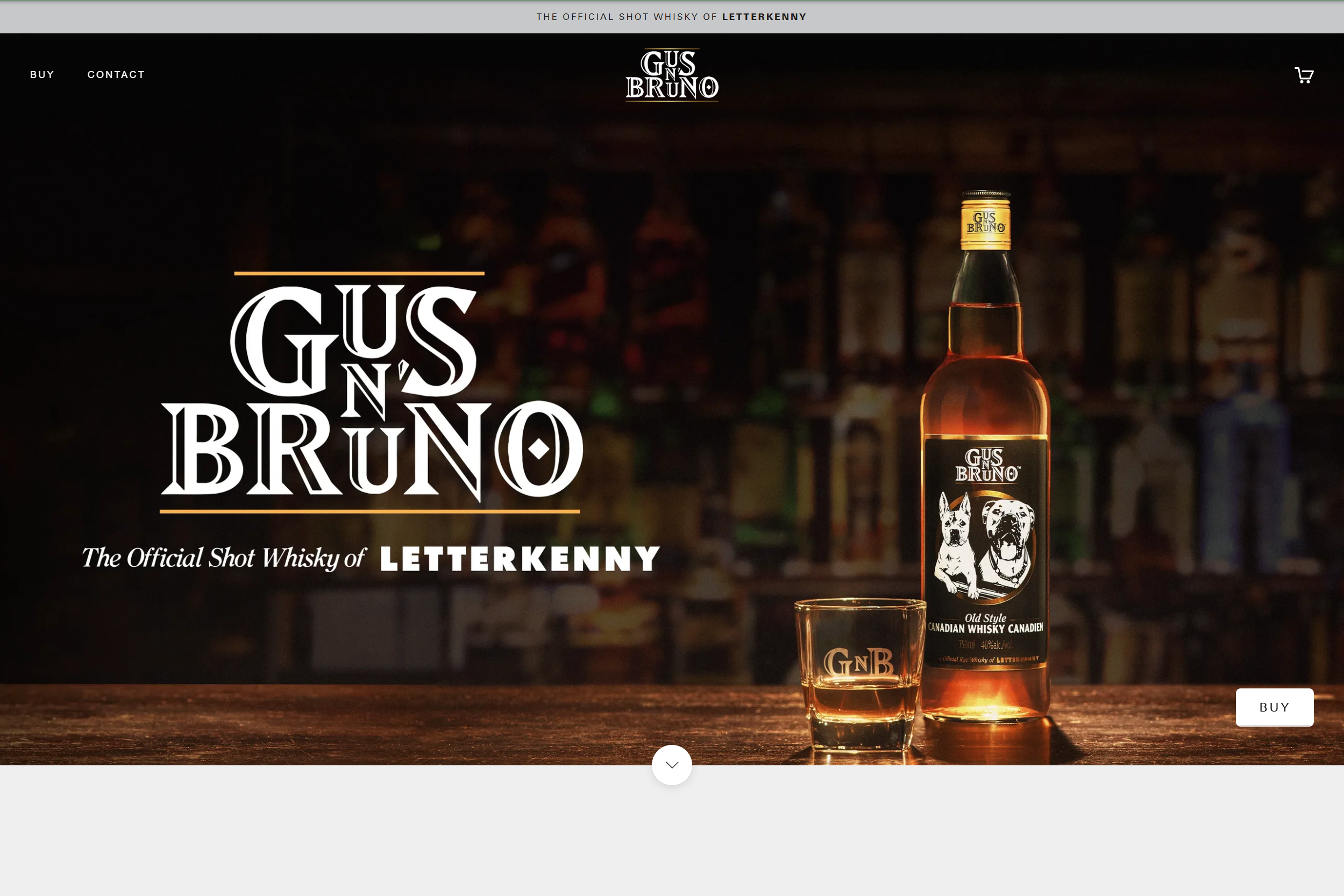 Gus 'n' Bruno whiskey bottle and glass on a bar with brand logo.