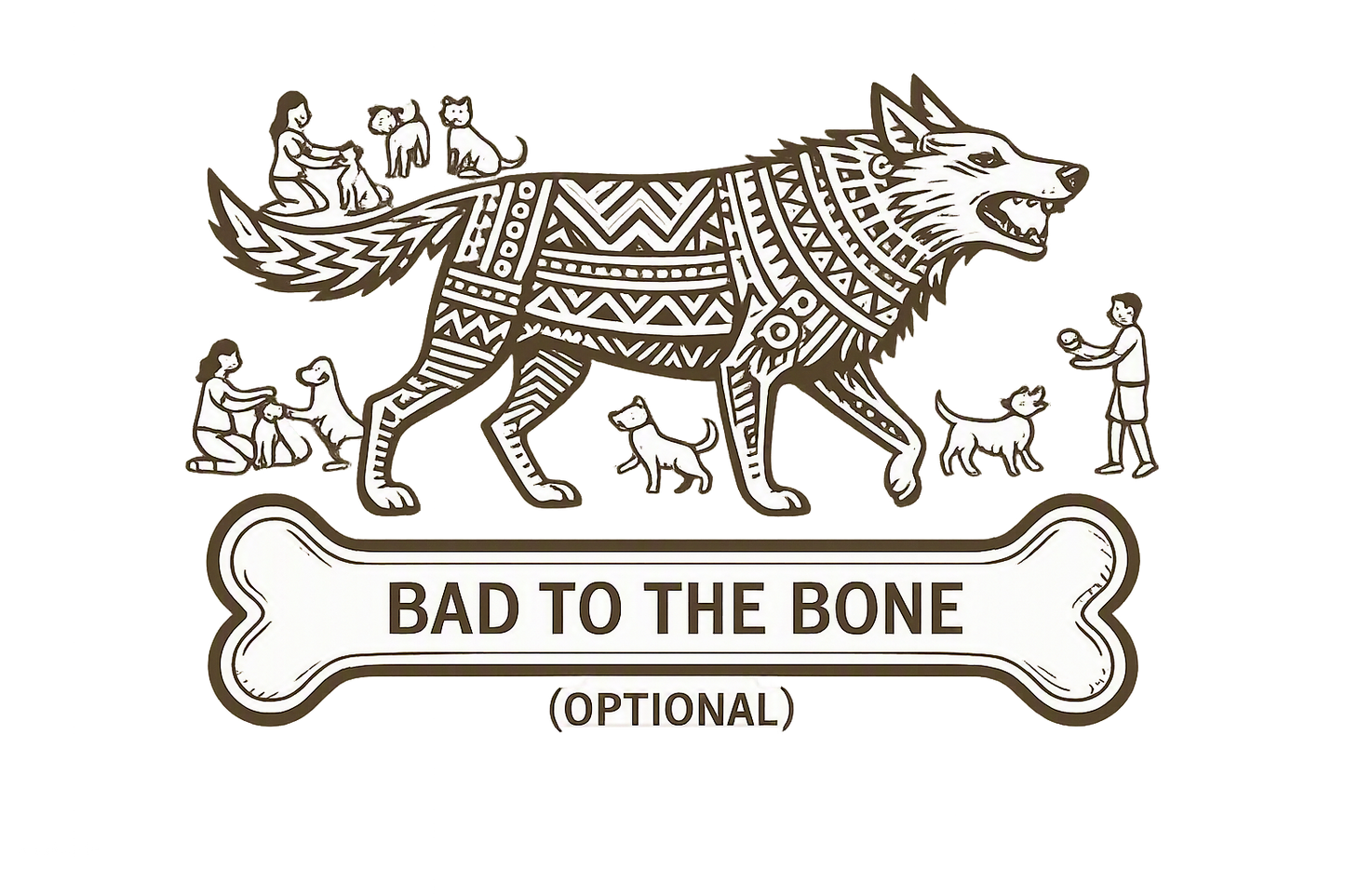 Bad to the Bone — heraldic dog crest with 'BAD TO THE BONE (OPTIONAL)' banner