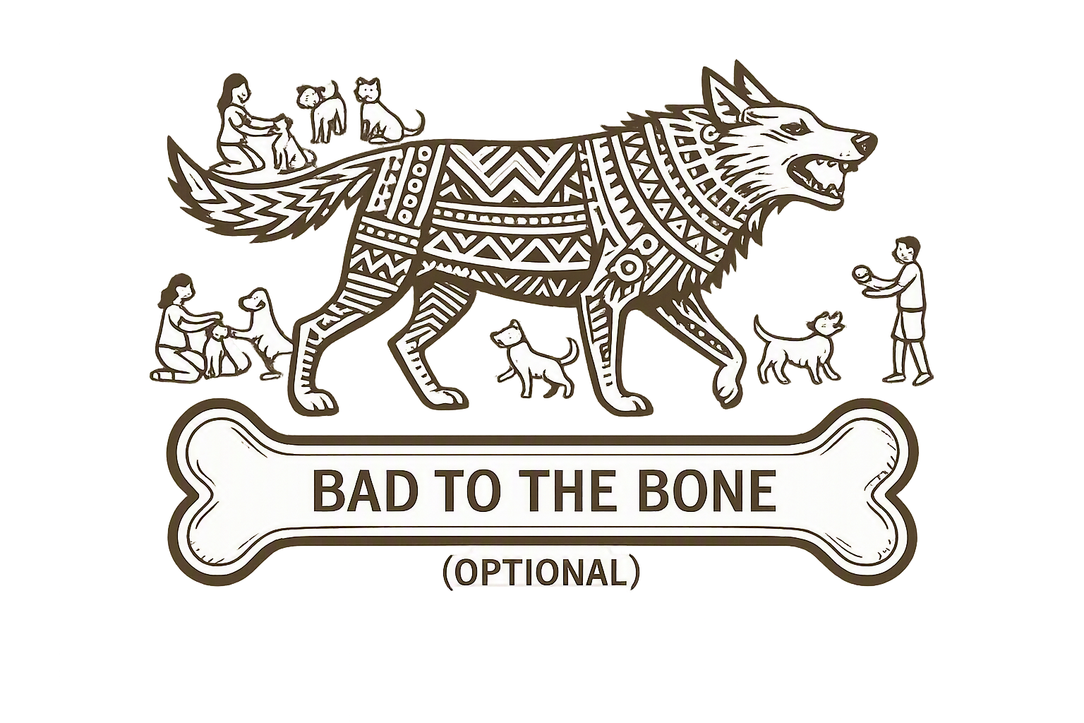 Bad to the Bone — heraldic dog crest with 'BAD TO THE BONE (OPTIONAL)' banner