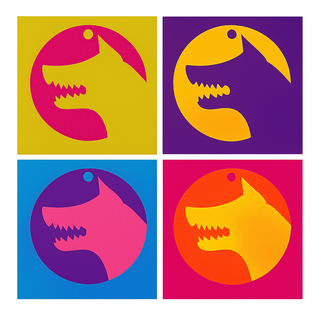 Pop Dog ×4 — Warhol grid of the tag in four bright colorways