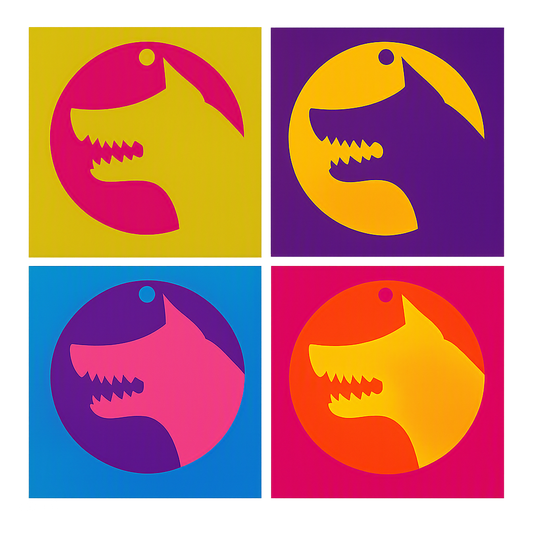 Pop Dog ×4 — Warhol grid of the tag in four bright colorways
