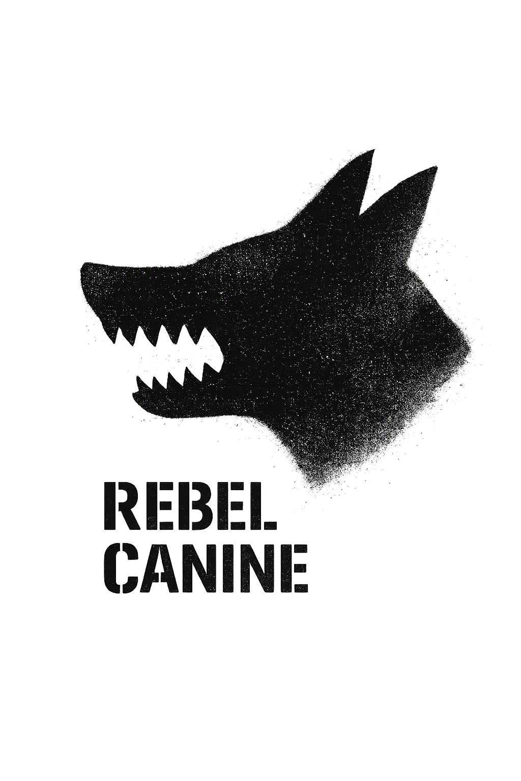 Rebel Canine — the mark in grunge-distressed stencil with 'REBEL CANINE' block underneath