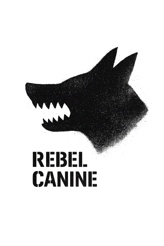 Rebel Canine — the mark in grunge-distressed stencil with 'REBEL CANINE' block underneath